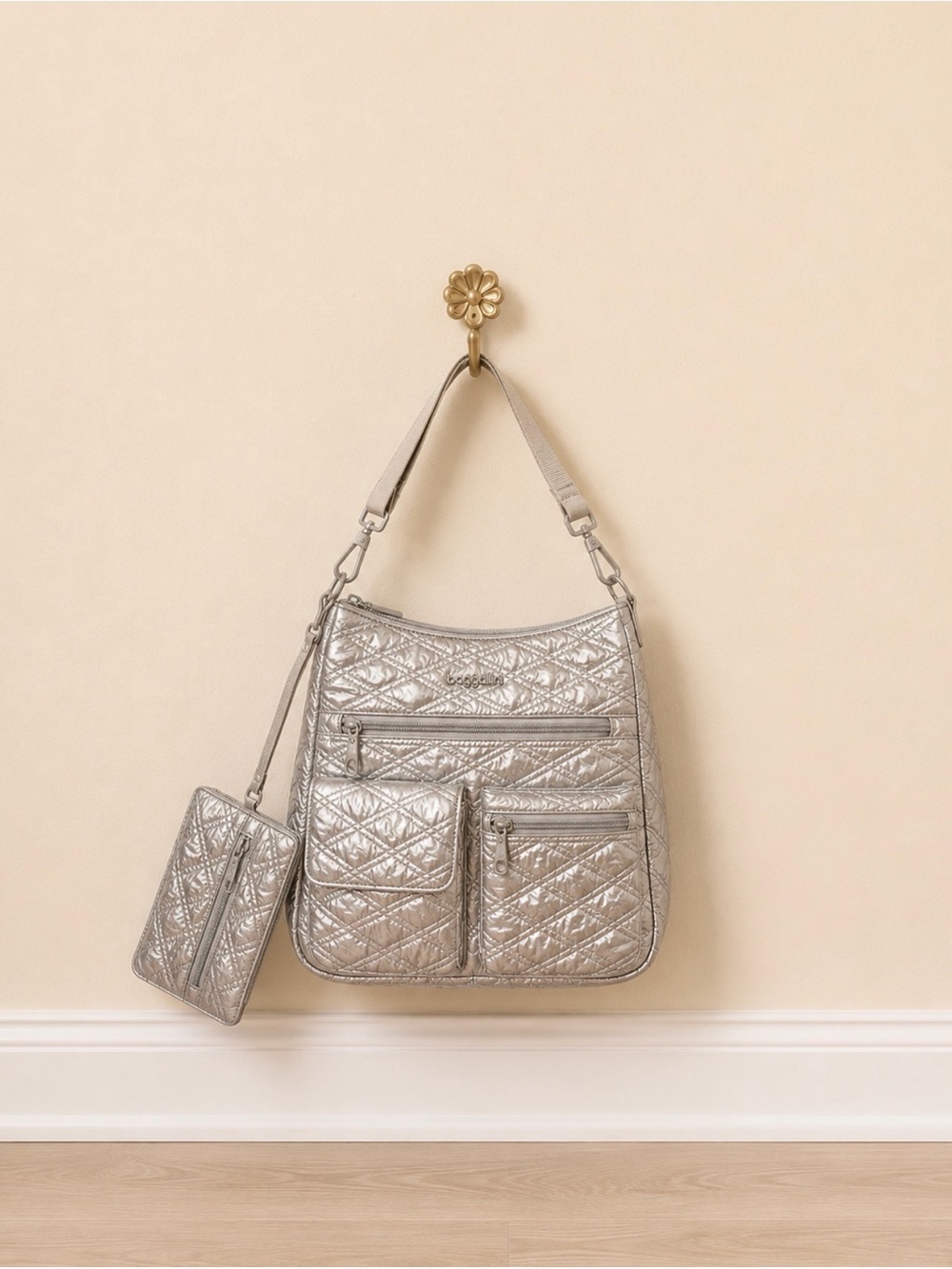 Baggallini Metallic Silver Quilted RFID Crossbody Bag